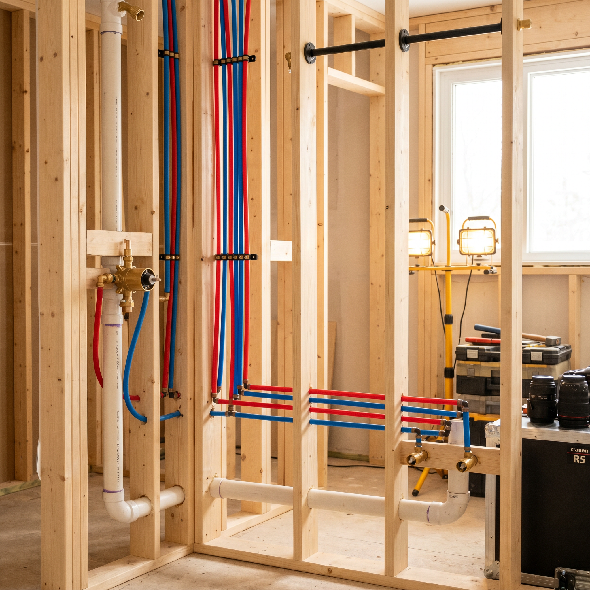 Organized bathroom plumbing rough-in lines in Ottawa by Dream Living Construction