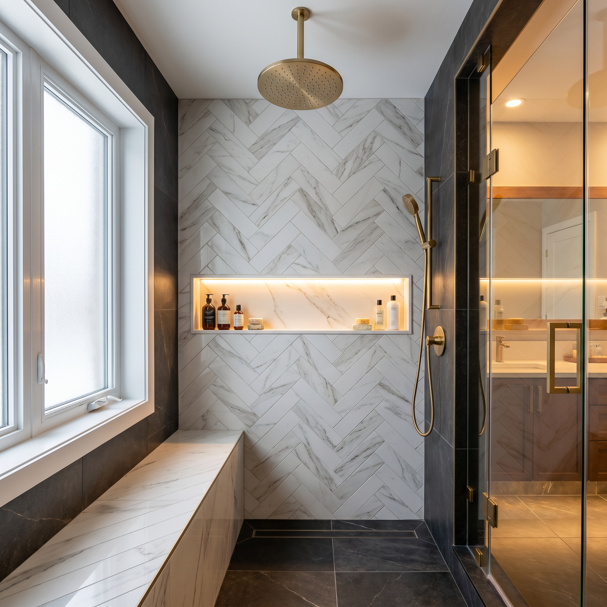 Custom tile shower with built-in niche for an Ottawa bathroom renovation by Dream Living Construction